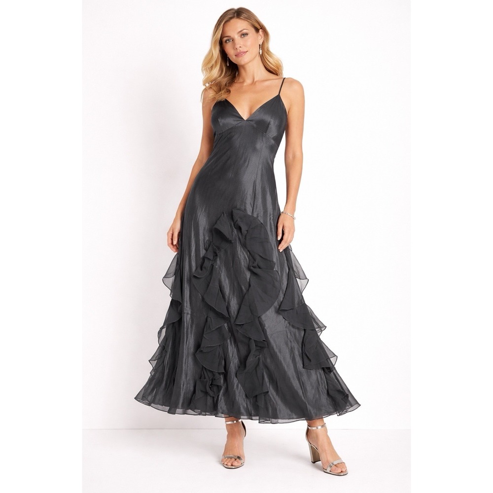 LAUREN RALPH Womens XL Maxi Ruffle Long Satin Dress Old Money Black Tie Formal